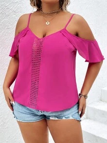 SHEIN Unity 大碼挖肩水溶蕾絲拼接荷葉邊襯衫 - 玫紅色 - 查看 5