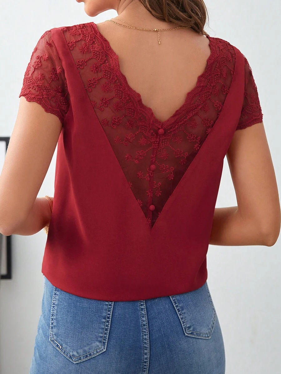 SHEIN Frenchy Áo sơ mi nữ Nút Tương phản Mesh Thêu màu trơn Giải trí - Đỏ - Xem 1