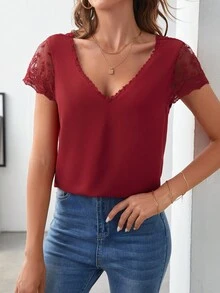 SHEIN Frenchy Áo sơ mi nữ Nút Tương phản Mesh Thêu màu trơn Giải trí - Đỏ - Xem 2