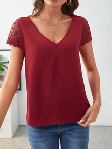 SHEIN Frenchy Áo sơ mi nữ Nút Tương phản Mesh Thêu màu trơn Giải trí - Đỏ - Xem 3