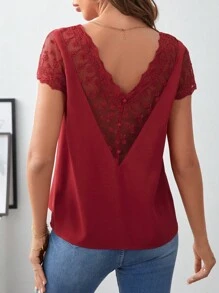 SHEIN Frenchy Áo sơ mi nữ Nút Tương phản Mesh Thêu màu trơn Giải trí - Đỏ - Xem 4