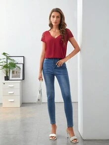 SHEIN Frenchy Áo sơ mi nữ Nút Tương phản Mesh Thêu màu trơn Giải trí - Đỏ - Xem 5