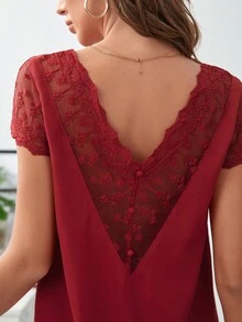SHEIN Frenchy Áo sơ mi nữ Nút Tương phản Mesh Thêu màu trơn Giải trí - Đỏ - Xem 6