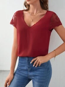 SHEIN Frenchy Áo sơ mi nữ Nút Tương phản Mesh Thêu màu trơn Giải trí - Đỏ - Xem 7