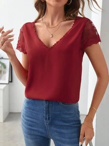 SHEIN Frenchy Áo sơ mi nữ Nút Tương phản Mesh Thêu màu trơn Giải trí - Đỏ - Xem 8