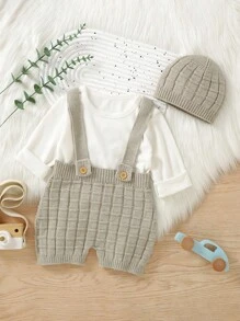 Đứa bé gái Chi tiết Nút Đan Romper & Mũ Without Tee - Màu be - Xem 1