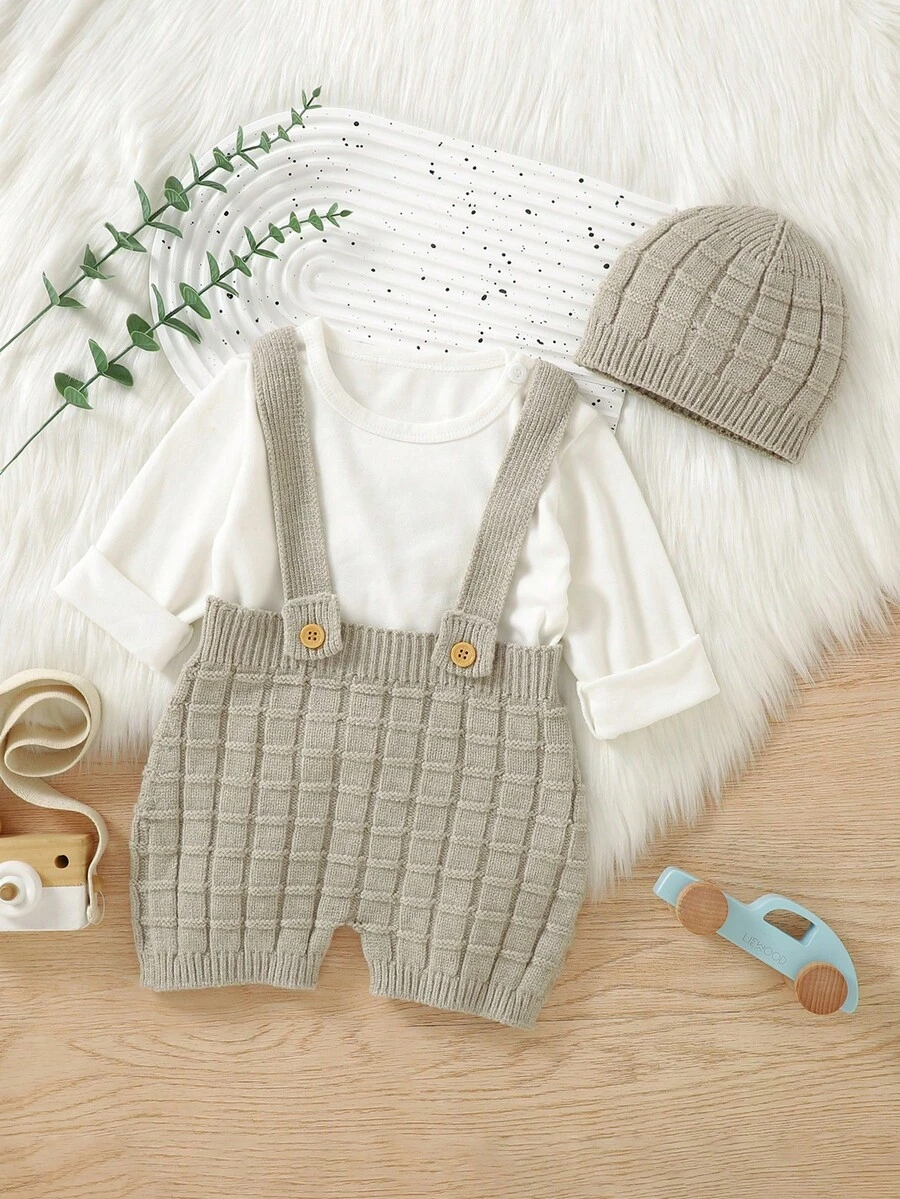 Đứa bé gái Chi tiết Nút Đan Romper & Mũ Without Tee - Màu be - Xem 1