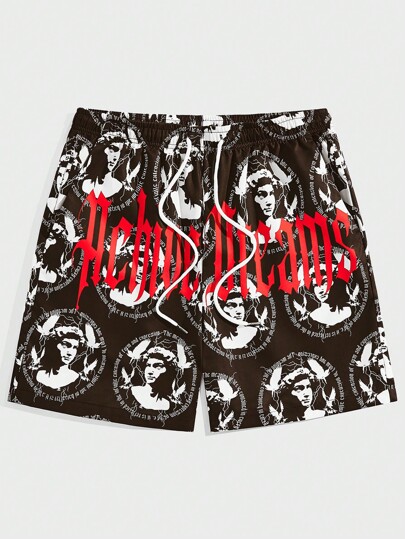 Street Life Guys Letter & Figure Graphic Drawstring Waist Shorts