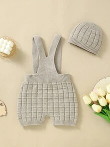 Đứa bé gái Chi tiết Nút Đan Romper & Mũ Without Tee - Màu be - Xem 2