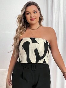 SHEIN Privé 大碼圖案印花抹胸上衣 - 彩色 - 查看 3