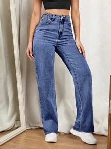 High Waist Straight Leg Jeans - Medium Wash - View 2