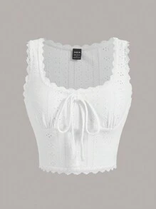 SHEIN Frenchy Knot Front Lace Trim Eyelet Embroidery Tank Top - White - View 1