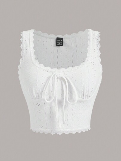 لباس علوي تانك معقود من الأمام مقلم دانتيل مطرز حلقي