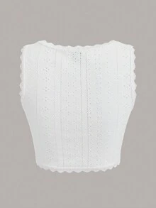 SHEIN Frenchy Knot Front Lace Trim Eyelet Embroidery Tank Top - White - View 2