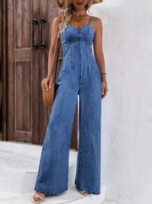 Zip Back Wide Leg Cami Denim Jumpsuit - Medium Wash - View 1