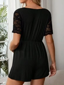 SHEIN Maternidad Mono con encaje en contraste de cuello cruzado - Negro - Ver 2