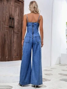 Zip Back Wide Leg Cami Denim Jumpsuit - Medium Wash - View 3