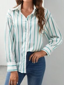 SHEIN Frenchy Áo sơ mi nữ Nút phía trước Sọc Thanh lịch - Màu xanh Bạc hà - Xem 2