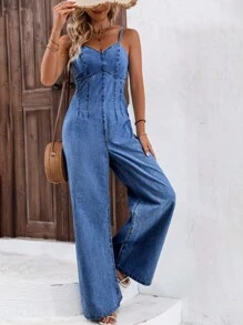Zip Back Wide Leg Cami Denim Jumpsuit - Medium Wash - View 4