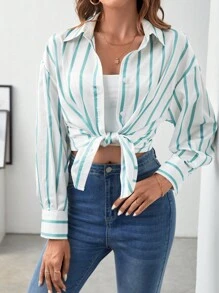 SHEIN Frenchy Áo sơ mi nữ Nút phía trước Sọc Thanh lịch - Màu xanh Bạc hà - Xem 3