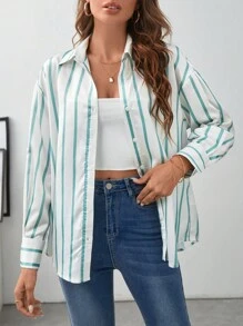 SHEIN Frenchy Áo sơ mi nữ Nút phía trước Sọc Thanh lịch - Màu xanh Bạc hà - Xem 5