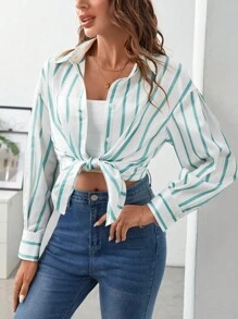 SHEIN Frenchy Áo sơ mi nữ Nút phía trước Sọc Thanh lịch - Màu xanh Bạc hà - Xem 6