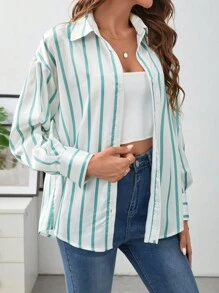 SHEIN Frenchy Áo sơ mi nữ Nút phía trước Sọc Thanh lịch - Màu xanh Bạc hà - Xem 7