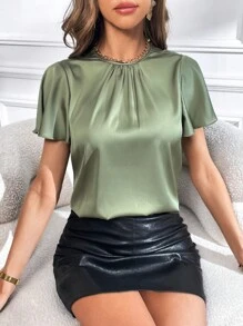 SHEIN Privé 素色拼接細節蝴蝶袖緞面襯衫 - 軍綠色 - 查看 3