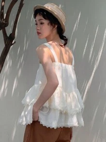 DAZY Contrast Lace Ruffle Hem Cami Top - White - View 2