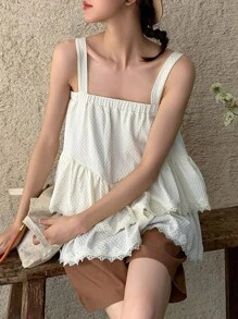 DAZY Contrast Lace Ruffle Hem Cami Top - White - View 11