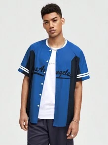 ROMWE MEN Street Life Hombres Camisa con estampado de letra ribete de rayas de manga raglán - azul real - Ver 1