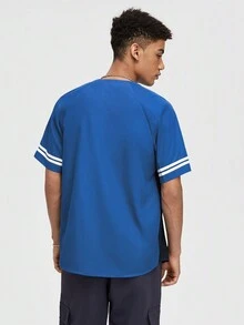 ROMWE MEN Street Life Hombres Camisa con estampado de letra ribete de rayas de manga raglán - azul real - Ver 2