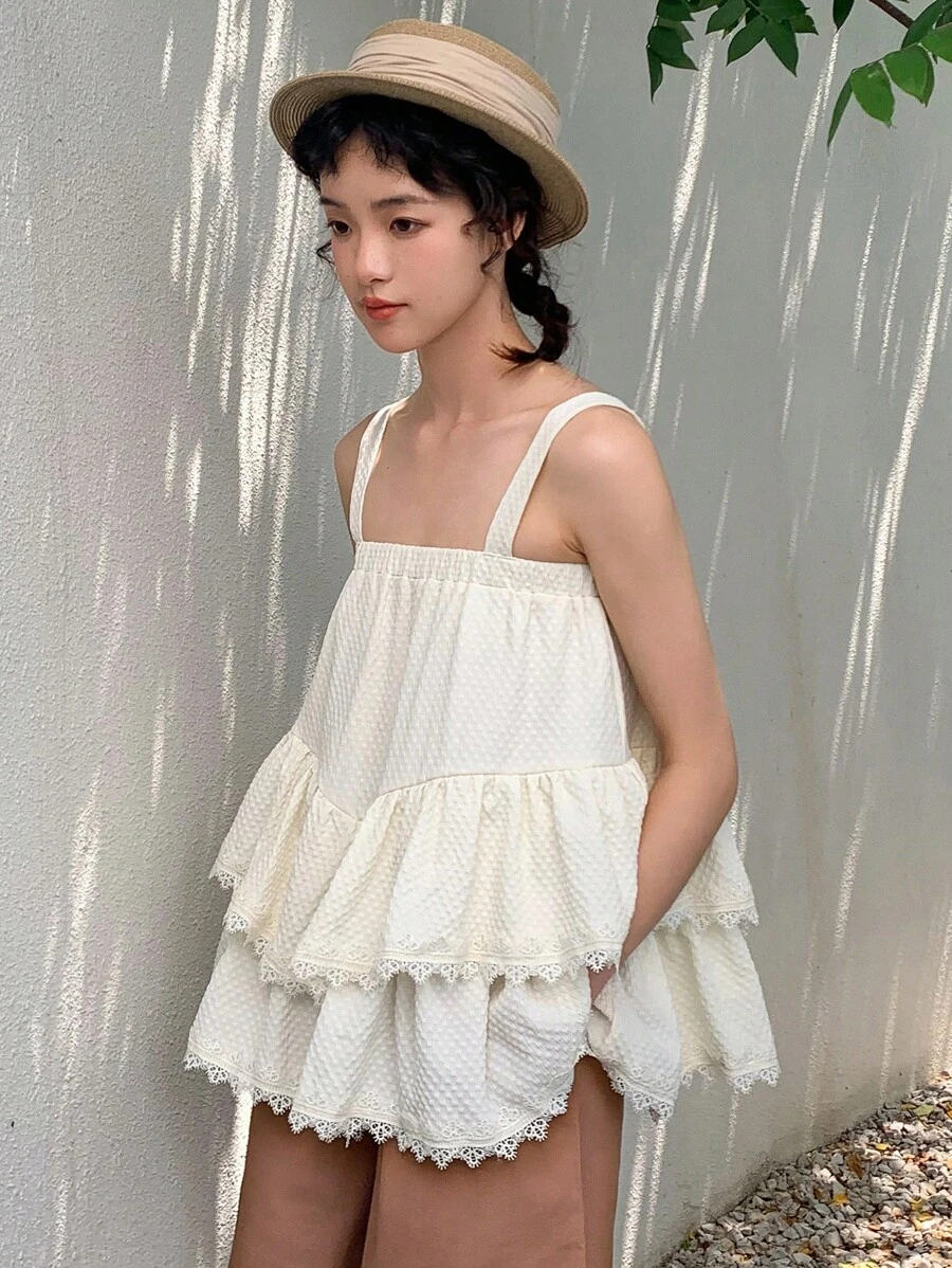 DAZY Contrast Lace Ruffle Hem Cami Top - White - View 1