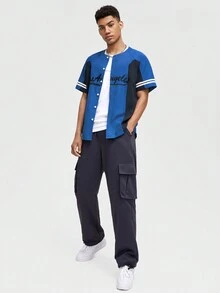 ROMWE MEN Street Life Hombres Camisa con estampado de letra ribete de rayas de manga raglán - azul real - Ver 3