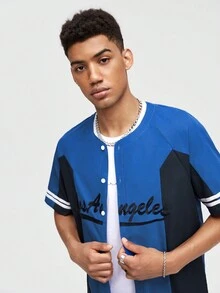 ROMWE MEN Street Life Hombres Camisa con estampado de letra ribete de rayas de manga raglán - azul real - Ver 4