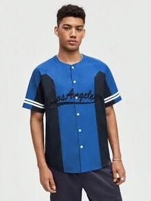 ROMWE MEN Street Life Hombres Camisa con estampado de letra ribete de rayas de manga raglán - azul real - Ver 5