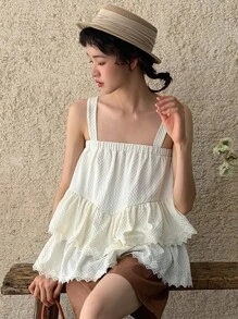 DAZY Contrast Lace Ruffle Hem Cami Top - White - View 3