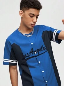 ROMWE MEN Street Life Hombres Camisa con estampado de letra ribete de rayas de manga raglán - azul real - Ver 6