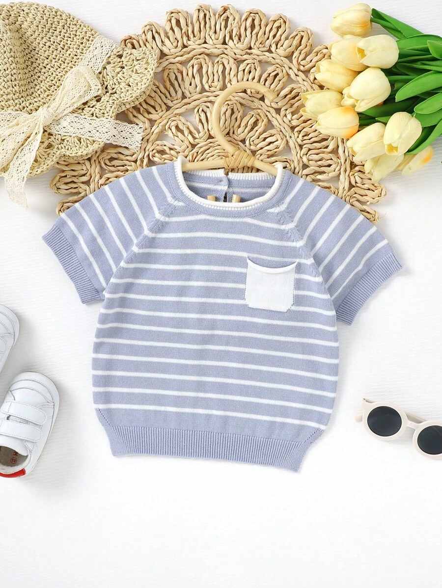 Baby Girl Striped Pattern Raglan Sleeve Pocket Patched Jumper - Dusty Blue - View 1