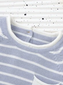 Baby Girl Striped Pattern Raglan Sleeve Pocket Patched Jumper - Dusty Blue - View 4