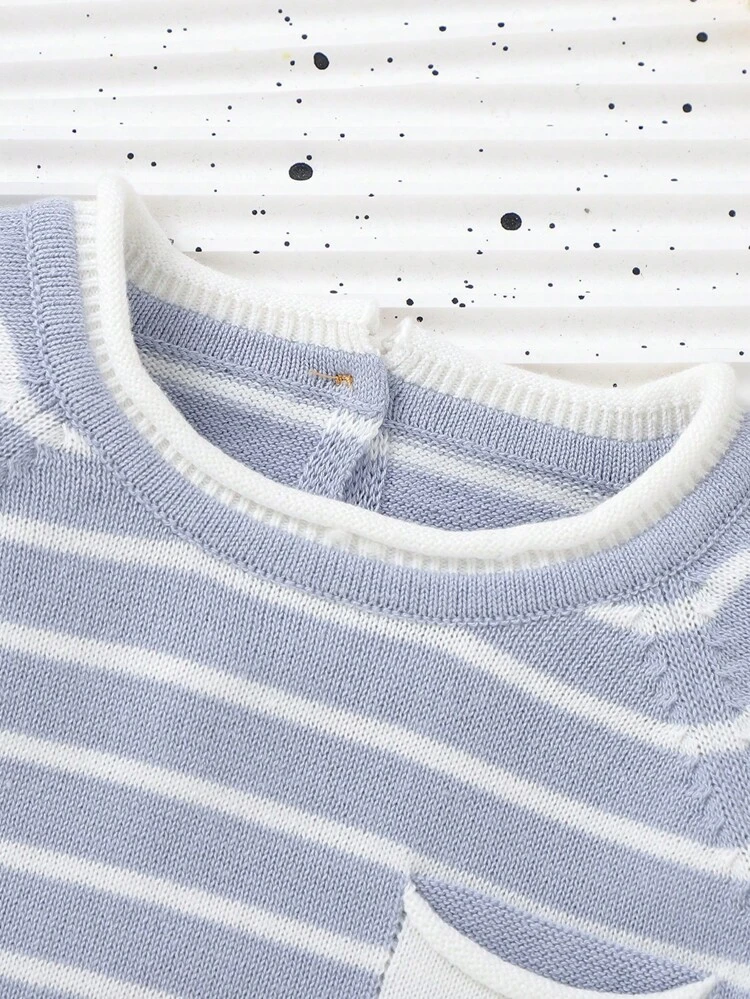 Baby Girl Striped Pattern Raglan Sleeve Pocket Patched Sweater