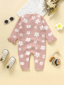 Baby Girl Floral Pattern Ruffle Trim Knit Jumpsuit - Dusty Pink - View 2