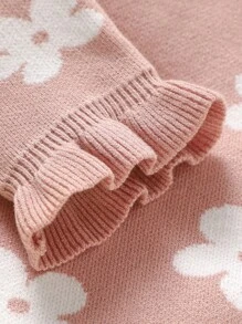 Baby Girl Floral Pattern Ruffle Trim Knit Jumpsuit - Dusty Pink - View 4