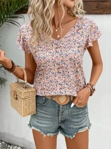 SHEIN Frenchy 碎花拼接水溶蕾絲後綁帶T恤 - 藕粉色 - 查看 4