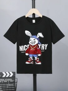 SHEIN Cooles und lustiges Jungen-T-Shirt mit Kaninchenmuster, lockere Passform und tief angesetzter Schulterpartie