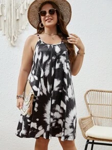 SHEIN LUNE 大碼紮染吊帶連衣裙 - 黑與白 - 查看 5