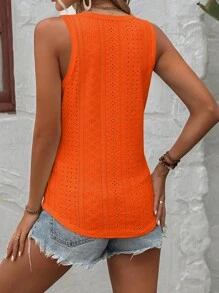 Eyelet Embroidery Button Detail Tank Top - Orange - View 2