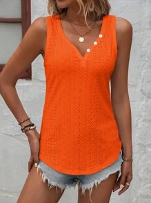 Eyelet Embroidery Button Detail Tank Top - Orange - View 5