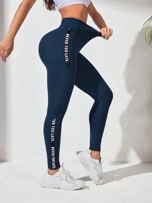 Yoga High Street 字母圖案寬腰帶運動打底褲 - 藏蓝色 - 查看 2