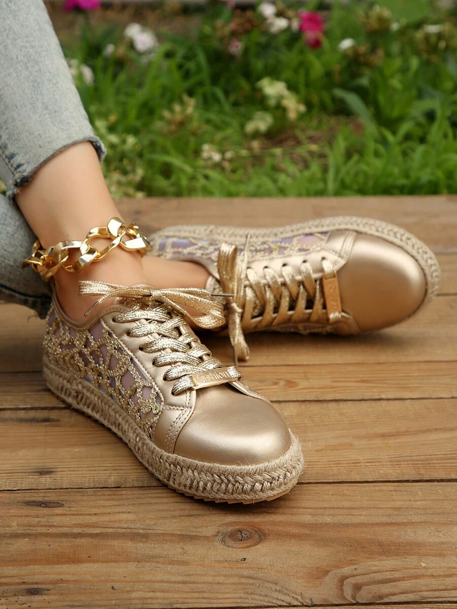 Women Lace Up Sequin Decor Espadrille Flat Oxfords, Vacation Outdoor Metallic Mesh Flat Shoes - Multicolor - View 1